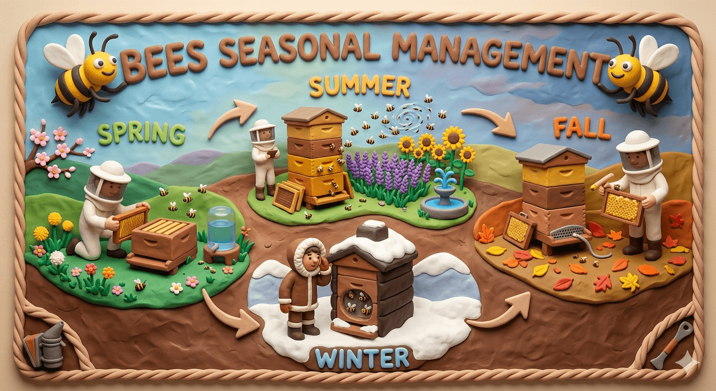 Bees seasonal management on a homestead apiary showing healthy hives with foragers returning in spring buildup, summer nectar flow, fall winter prep with entrance reducers, and winter cluster survival through every season of the beekeeping year