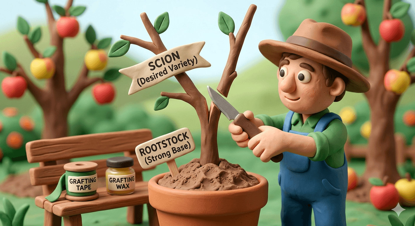 Fruit tree grafting basics illustration showing a homestead orchardist joining a scion of a desired apple variety onto a strong rootstock in a clay pot with grafting tape and grafting wax beside a backyard orchard for whip and tongue, cleft, and bud grafting