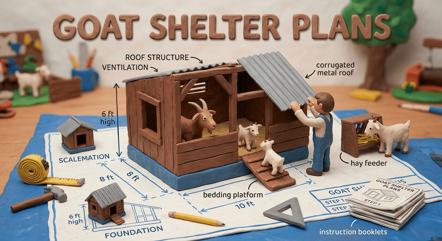 DIY goat shelter plans showing an 8 by 6 foot wood frame goat house with a corrugated metal roof, raised bedding platform, hay feeder, and ventilation, with dairy and meat goats resting inside on a homestead
