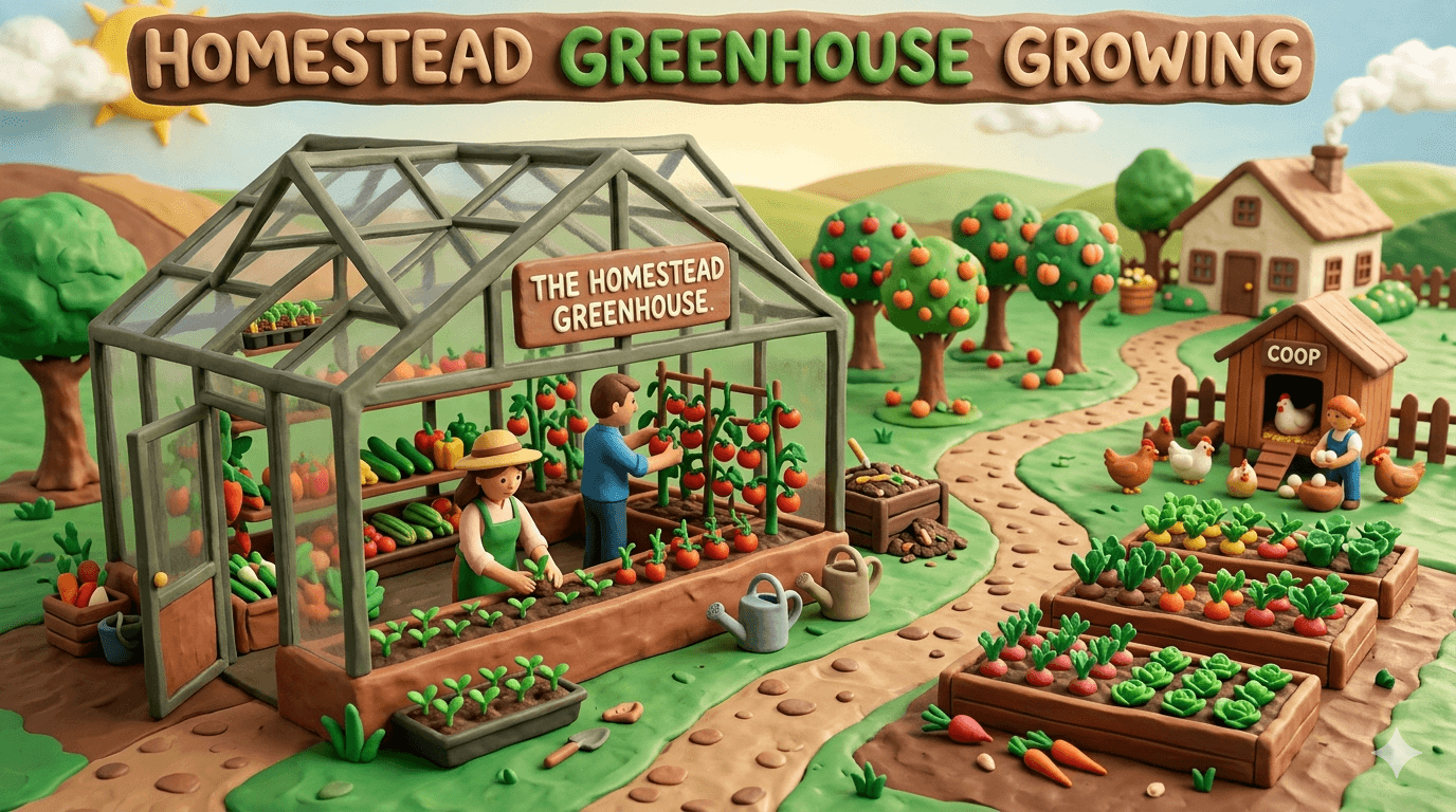 Homestead backyard greenhouse with polycarbonate panels filled with tomatoes, peppers, leafy greens, and herb seedlings on tiered shelves for year round vegetable growing and season extension