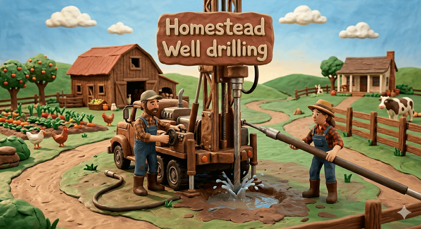 Homestead well drilling rig boring a deep water well next to a farmhouse with a steel well casing, submersible pump, pressure tank, and pitless adapter feeding off grid water to a self sufficient property