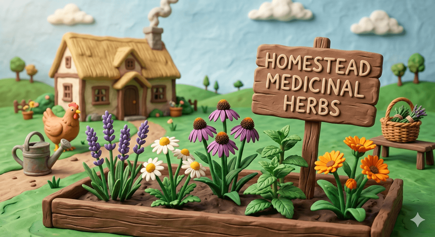 Homestead medicinal herb garden illustration showing raised beds of chamomile, calendula, echinacea, lavender, peppermint, lemon balm, yarrow, thyme, sage, and holy basil with a gardener harvesting flowers into a wicker basket beside bundles of drying herbs and labeled jars of dried medicinal herbs on a wooden shelf