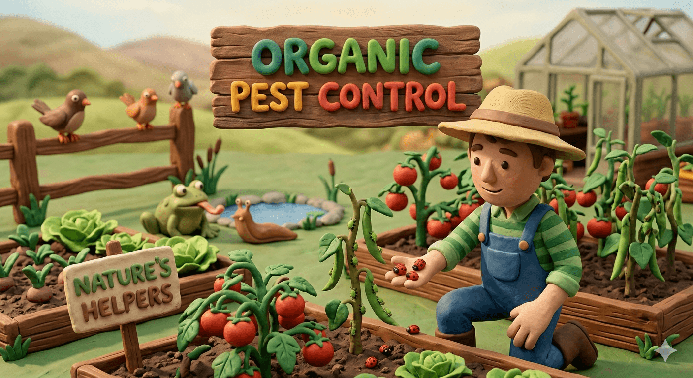 Illustrated homestead garden scene showing organic pest control in action with a gardener tending tomato and lettuce beds, beneficial birds on a fence, a frog beside a small pond, and a Nature's Helpers sign highlighting natural pest management methods