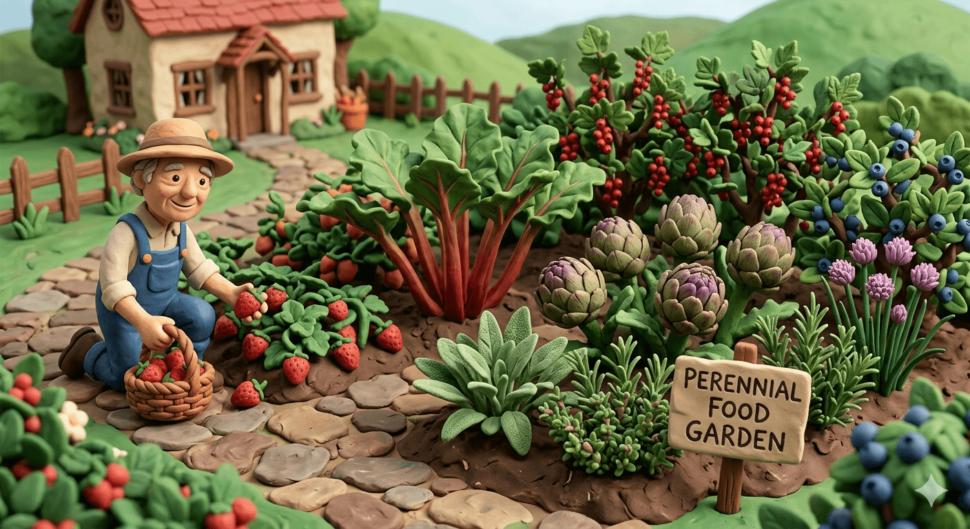 Homestead perennial food garden illustration showing a backyard layout with established apple and pear trees, blueberry and raspberry bushes, asparagus and rhubarb beds, strawberry ground cover, and a gardener harvesting fresh fruit for a low maintenance edible landscape