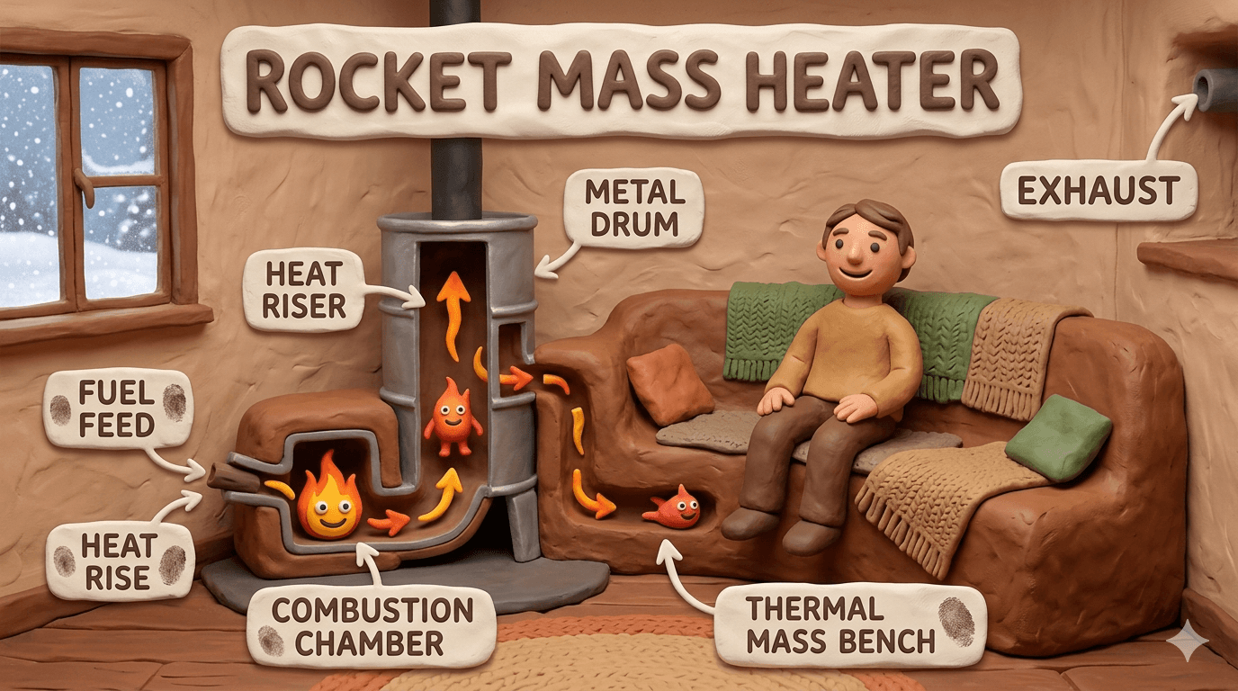 Homestead rocket mass heater showing an insulated J tube combustion core, a steel barrel radiator, and a long cob and brick thermal mass bench storing heat for an off grid cabin