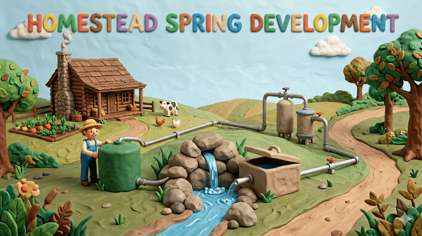 Homestead spring development with a concrete spring box capturing groundwater at a hillside seep, a perforated collection pipe, an overflow standpipe, and a buried gravity fed supply line running to a header tank and off grid cabin for free spring water