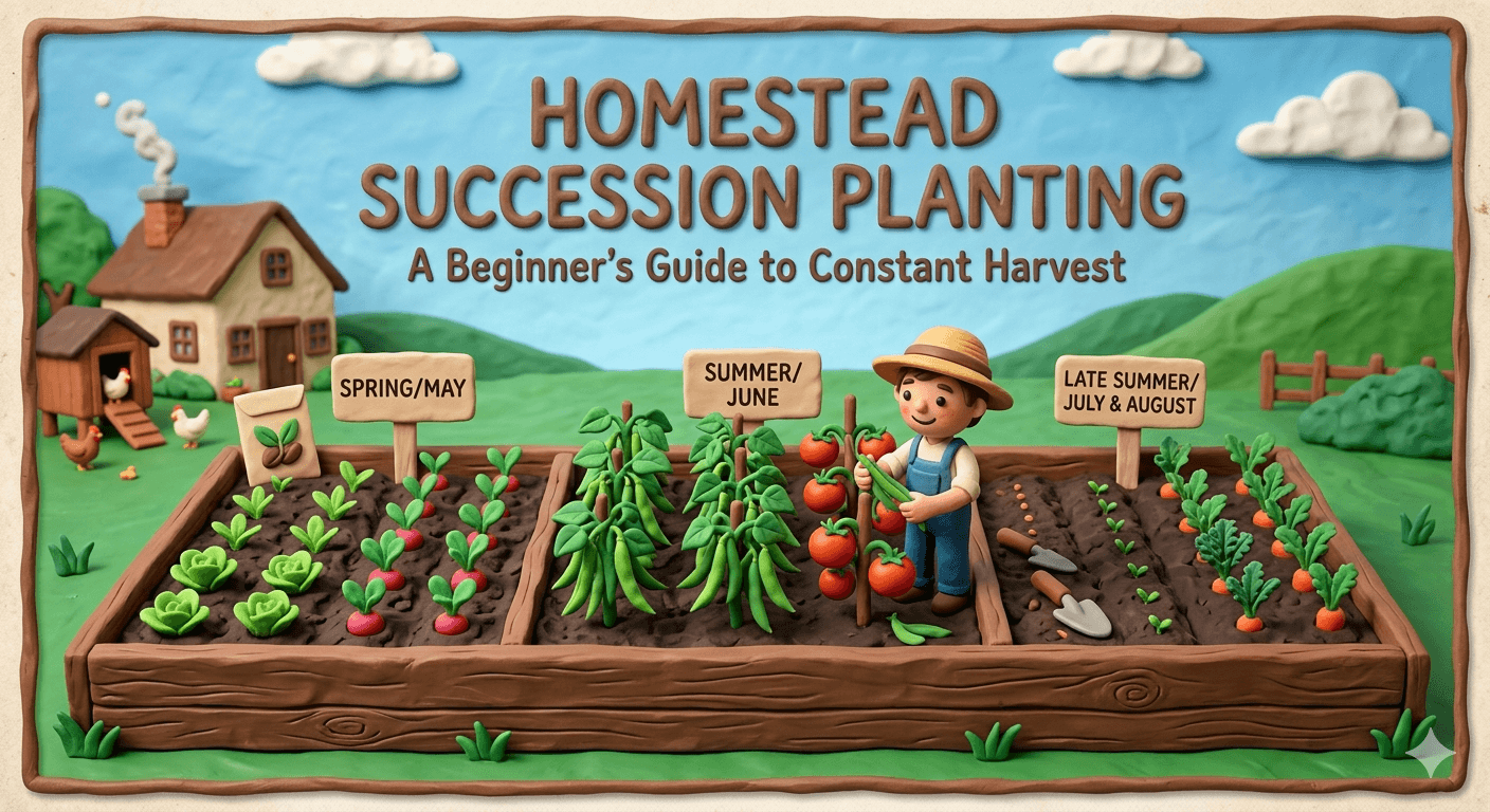 Homestead succession planting illustration showing a backyard vegetable garden divided into spring, summer, and late summer beds with lettuce, radishes, tomatoes, and squash growing in staggered rows alongside a gardener planning the season for a constant harvest