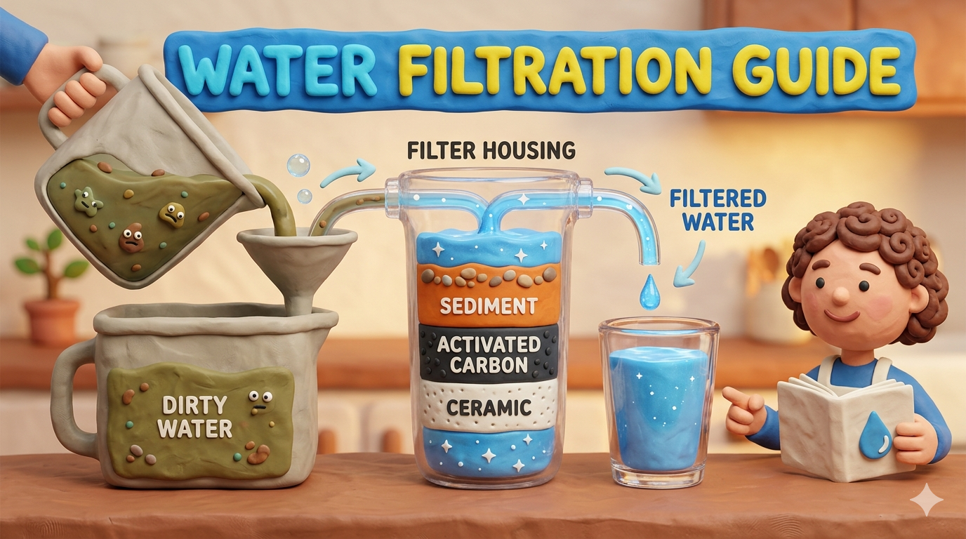 Homestead water filtration system showing dirty water passing through a multi stage filter housing with sediment, activated carbon, and ceramic cartridges to produce safe potable drinking water for an off grid home