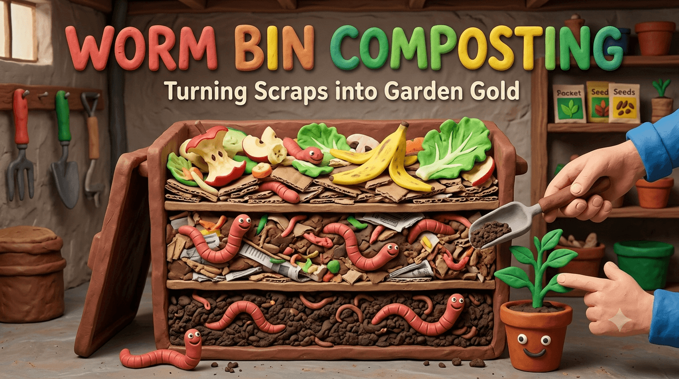 DIY worm bin composting setup with red wigglers in layered bedding turning kitchen scraps into nutrient rich castings